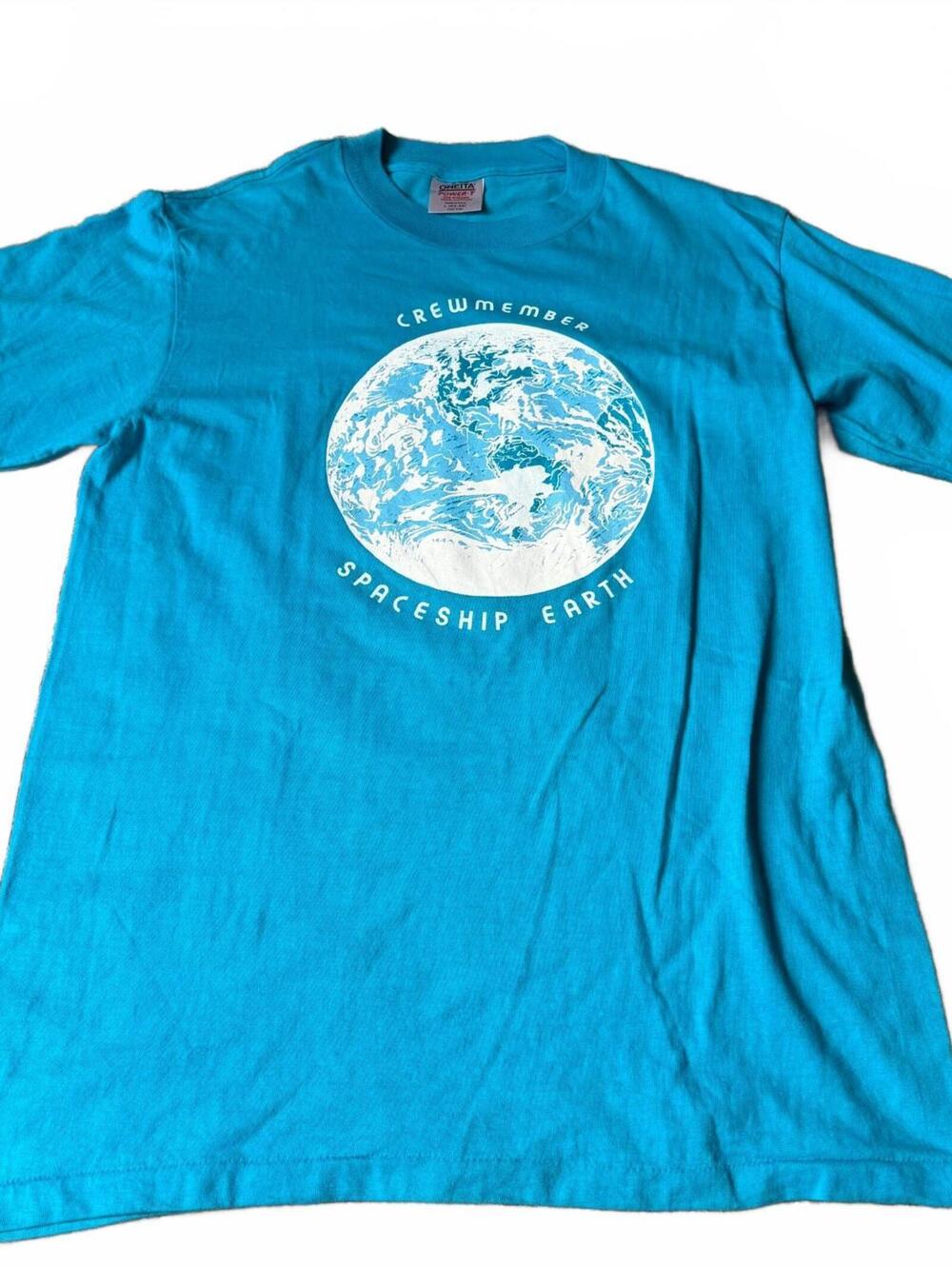 Vintage Single Stitch Oneita Large Teal Spaceship Earth Crew Graphic T-Shirt